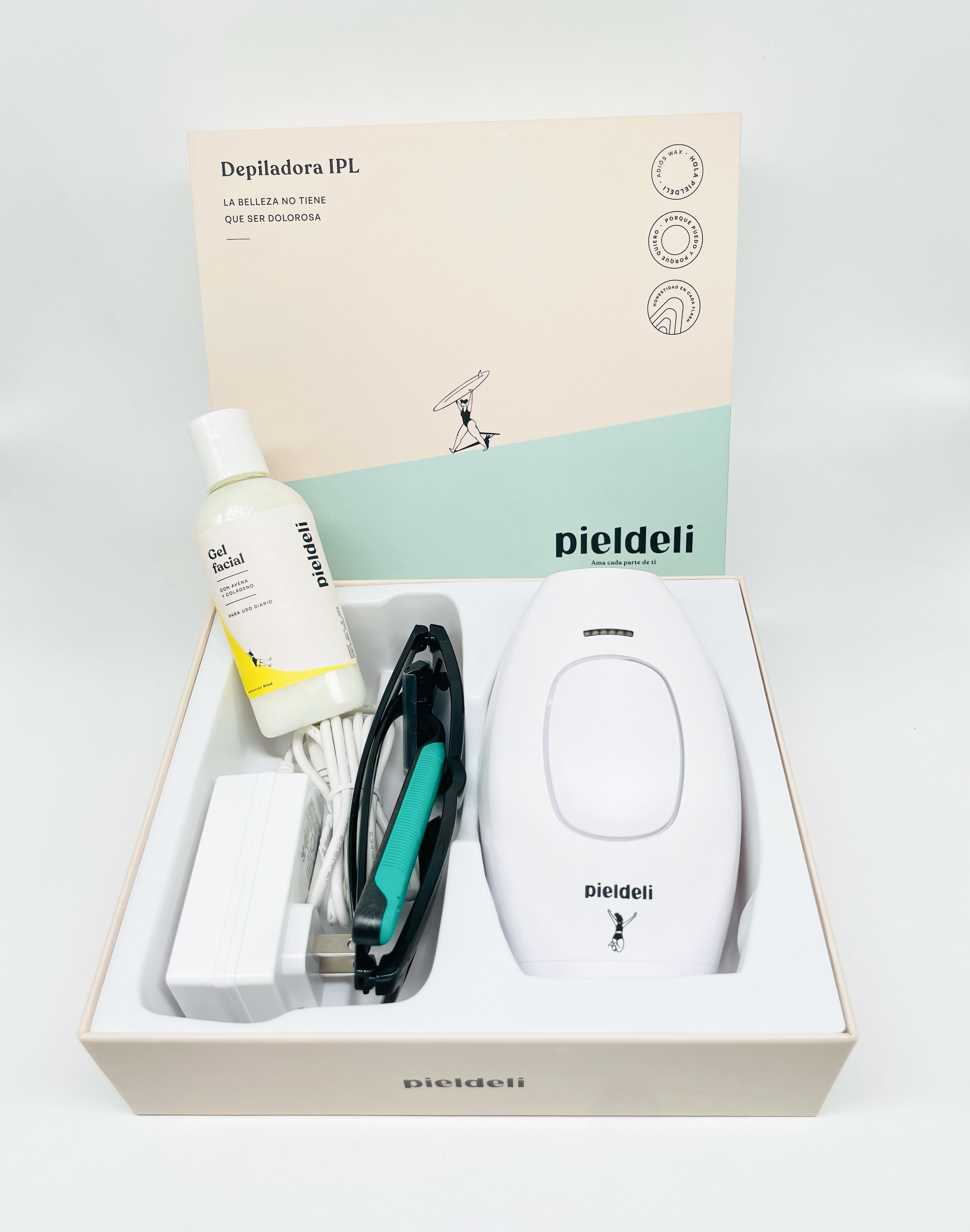 Depiladora Piel Deli IPL con gel conductor + Kit de cremas corporal y facial de avena y colágeno